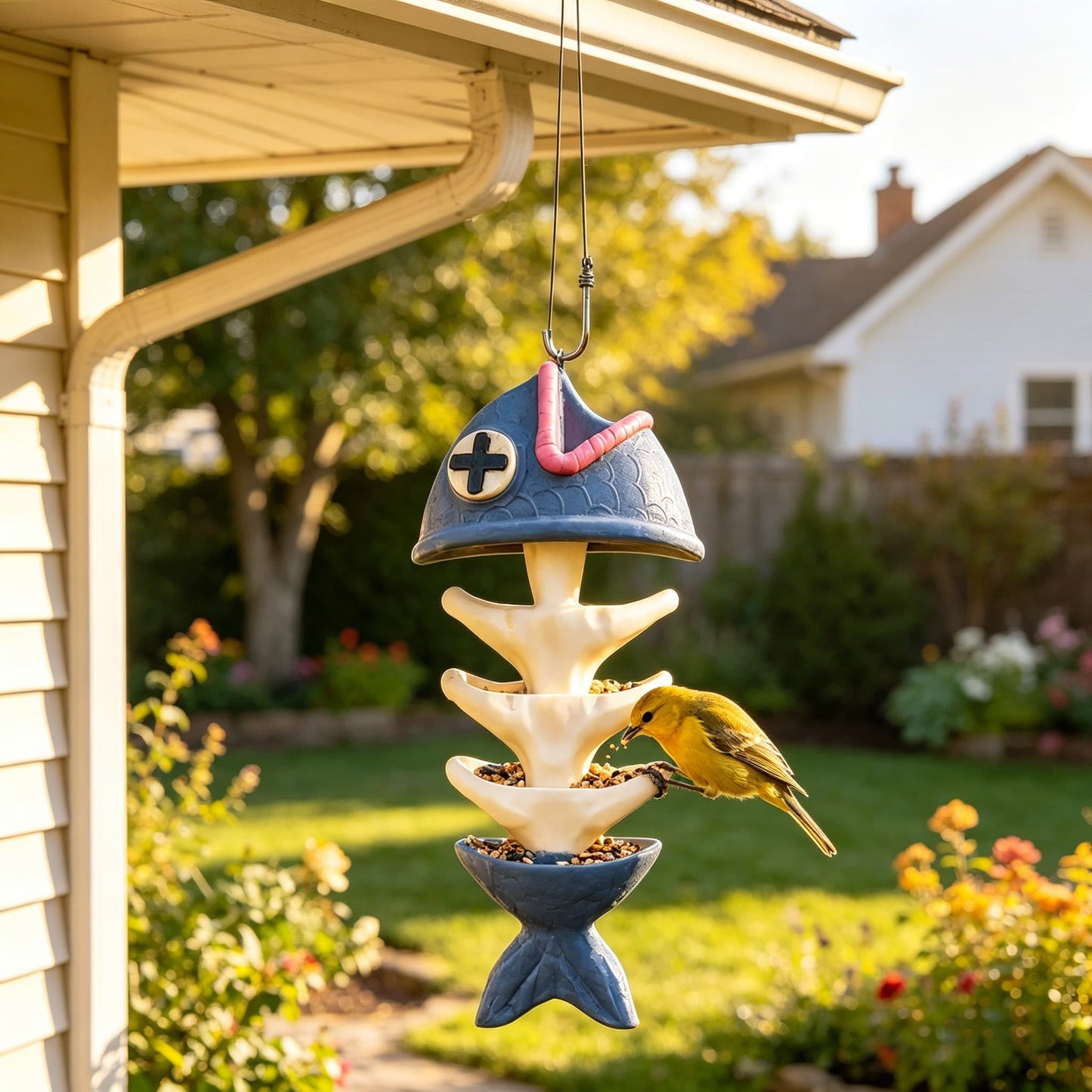 Whimsical Fish Skeleton Hanging Bird Feeder – Multi-Level Seed Tray