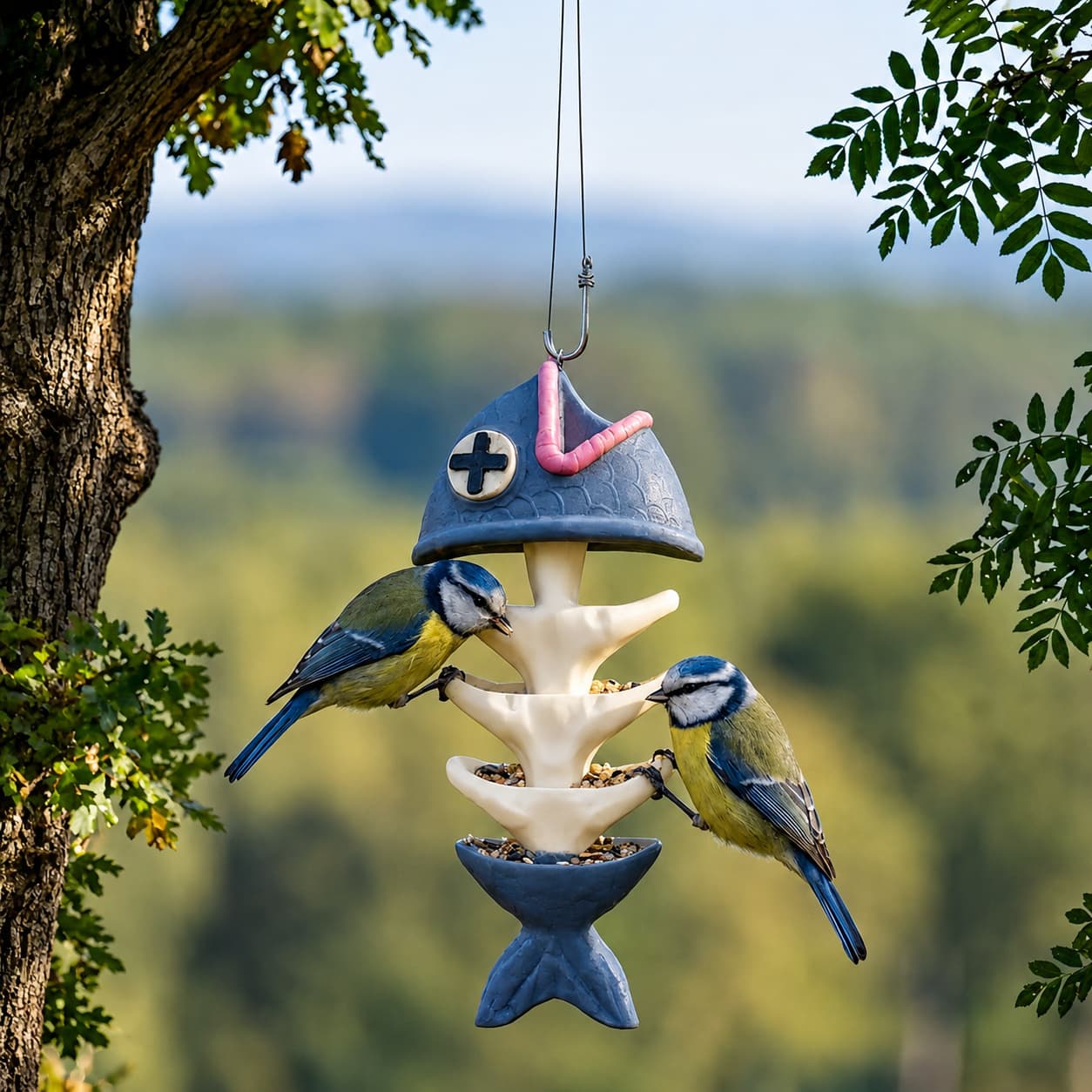 Whimsical Fish Skeleton Hanging Bird Feeder – Multi-Level Seed Tray