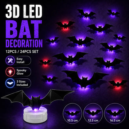 Spooky 3D LED Bat Lights – 12/24 Pack Halloween Wall Decorations for Home & Parties