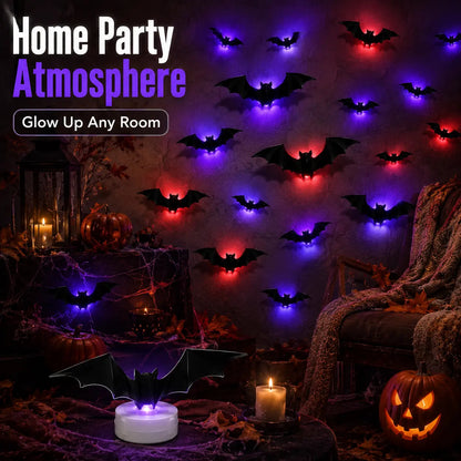Spooky 3D LED Bat Lights – 12/24 Pack Halloween Wall Decorations for Home & Parties
